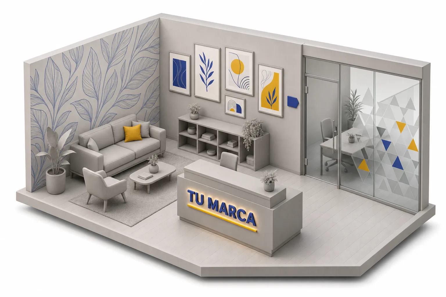 Maqueta isométrica de un showroom decorado por Grupo Letter Press: muro con papel tapiz impreso, galería de cuadros en canvas, vinil esmerilado sobre la oficina de cristal y letras 3D en la recepción