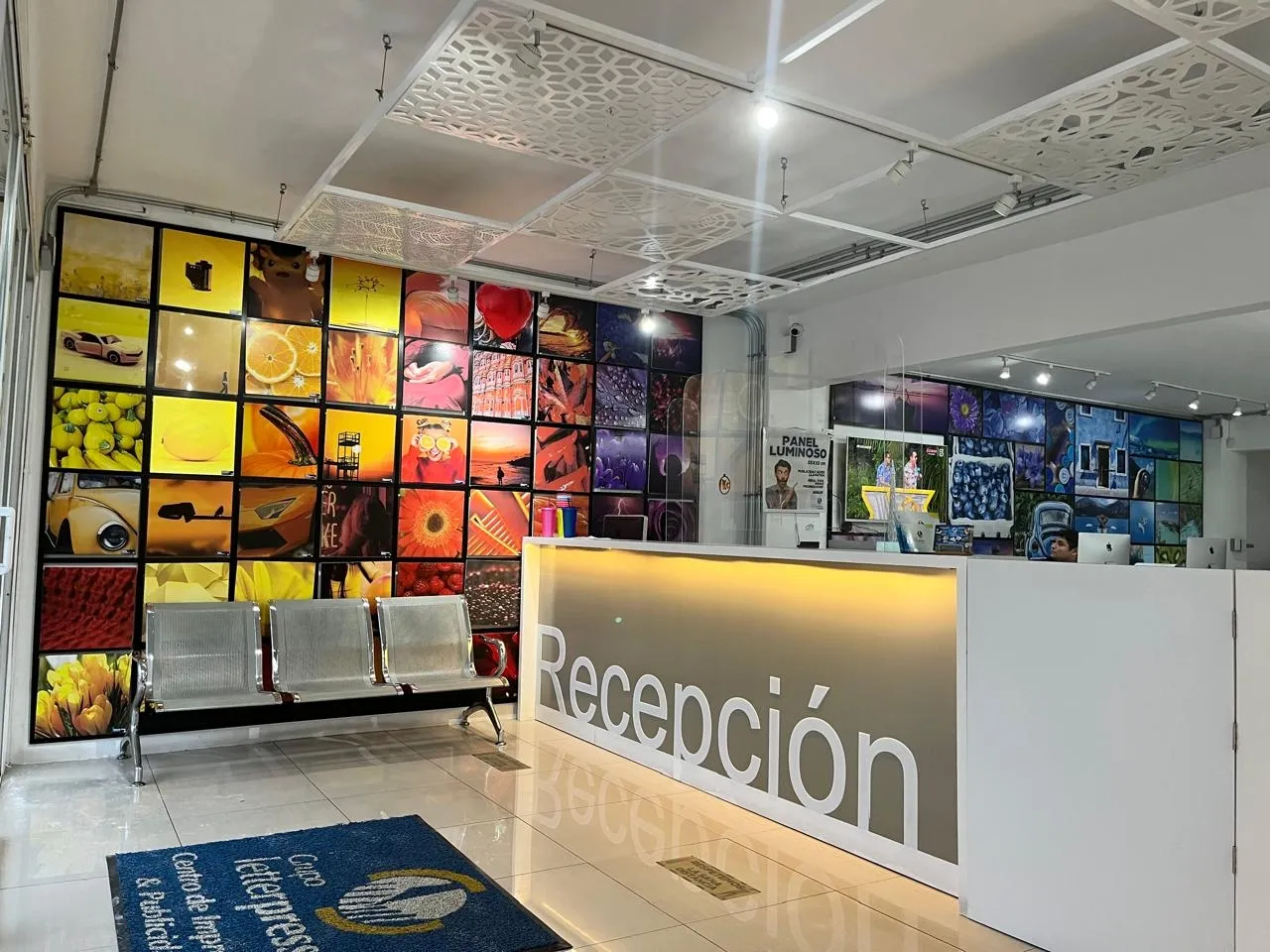 Recepción con tapete de marca y muro decorado con impresiones